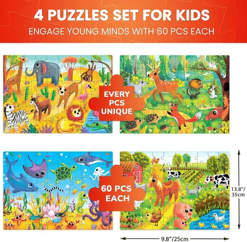 Miniatura 3 de QUOKKA Rompecabezas para niños de 4 a 6 años – Juego de rompecabezas de 4 x 60 para niños pequeños de 3 a 5 años – Juguetes de animales para niños