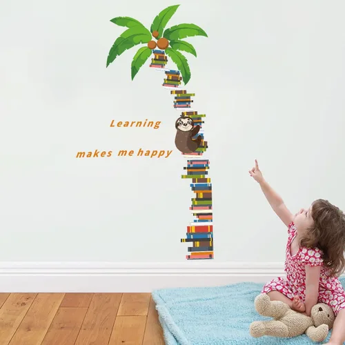 Miniatura 2 de IARTTOP Calcomanía de pared de perezoso de árbol de coco, diseño de perezoso, libro grande, calcomanías de pared para dormitorio, sala de estudio