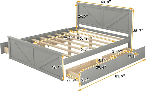 Miniatura 2 de Anwick Cama de plataforma de madera con 4 cajones de almacenamiento, base de cama de plataforma de madera maciza con cabecera y patas de apoyo