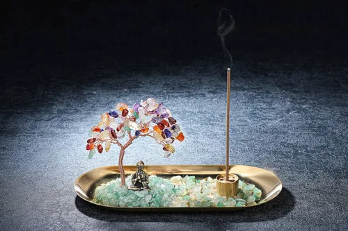 Miniatura 2 de Jovivi Soporte de incienso de cristal para palos, piedra de cristal curativo, árbol de dinero, juego de estatua de Buda, quemador de incienso