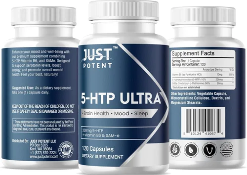 Miniatura 2 de 5-HTP Ultra 200mg 120 cápsulas – Suministro para 4 meses para el sueño, el estado de ánimo y la salud cerebral Fortificado con SAM-e