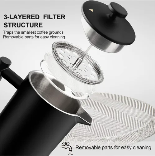 Miniatura 4 de Secura Cafetera de prensa francesa con filtro de acero inoxidable de 3 capas, 34 onzas, negro, diseño aislado de doble pared con 2 filtros