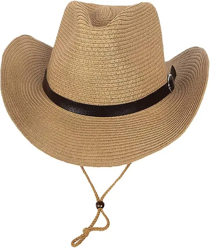 Miniatura 14 de Sombrero de vaquero de paja para hombres y mujeres, sombrero de sol de ala ancha, sombrero de vaquera Panamá con correa para la barbilla, sombrero