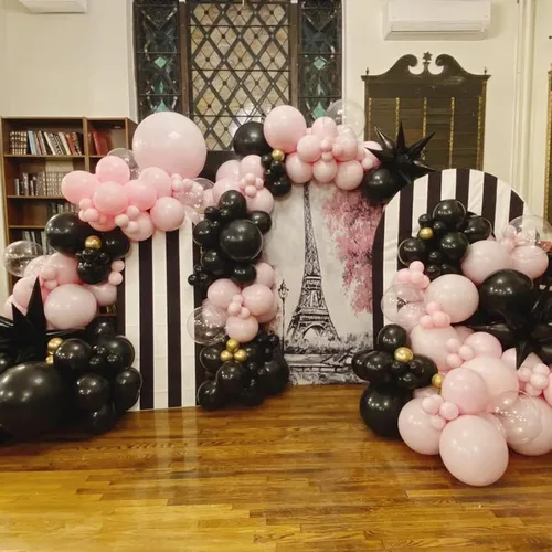 Miniatura 5 de Kit de arco de globos de color negro, rosa y dorado, 134 piezas de 18/12/10/5 pulgadas, guirnalda de globos dorados de chorme negro pastel rosa