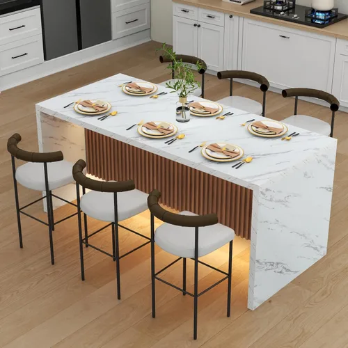 Miniatura 10 de Mesa de comedor grande de mármol de imitación de 63 pulgadas para 4-6 personas, mesa de isla de cocina con luces LED, mesa de comedor de cocina