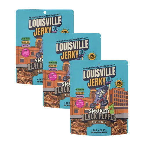 Miniatura 10 de Louisville Vegan Jerky - Carne vegana y vegetariana de pimienta negra ahumada, 0.67 oz de proteína de soja sin OMG, 310 calorías por bolsa