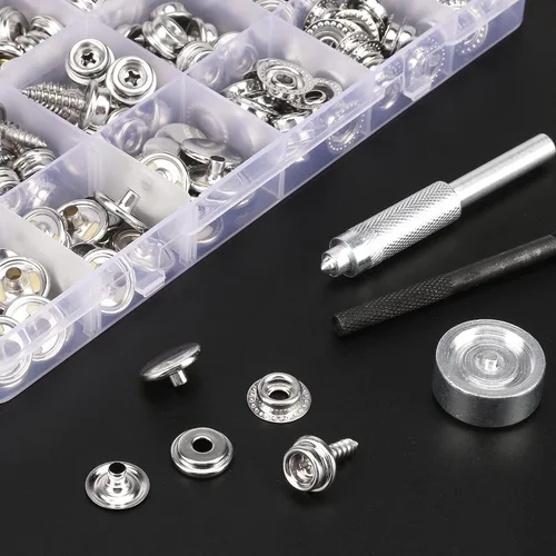 Miniatura 7 de Kit de 150 piezas de lona a presión con 2 herramientas de ajuste – Kit de cierre de botón de lona de acero inoxidable de grado marino de 3/8