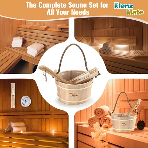 Miniatura 7 de Juego de 6 accesorios para sauna, juego de cubo y cucharón de madera para sauna, termómetro higrómetro, temporizador de reloj de arena para sauna