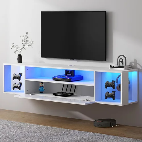 Miniatura 11 de SogesPower Soporte flotante para TV montado en la pared con luces, soporte de TV LED, centro de entretenimiento flotante con almacenamiento