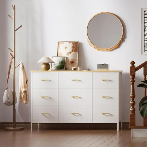 Miniatura 7 de VASICAR Soporte de TV ancho para consola de TV moderna, cómoda de 9 cajones para dormitorio, armario de almacenamiento de tela, cómoda para armario