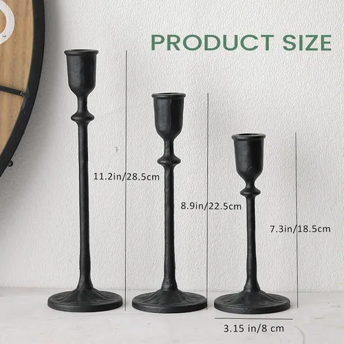 Miniatura 4 de BANOMII Juego de 3 candelabros antiguos, portavelas cónicos de hierro fundido para centro de mesa de comedor, decoración de mantel de chimenea, Negro
