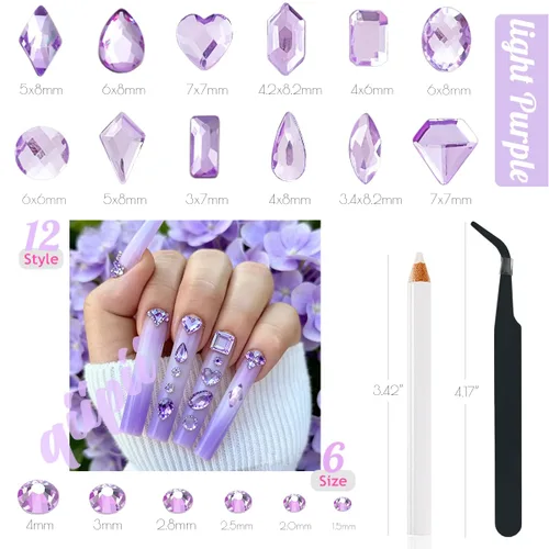 Miniatura 3 de qiipii Diamantes de imitación para uñas de amatista púrpura de múltiples formas de cristal con base plana K9, piedras de vidrio púrpura claro, gemas