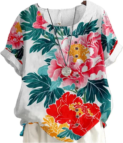 Miniatura 14 de domirica Camisetas de verano para mujer 2024 con estampado de flores, algodón, lino, manga corta, cuello redondo, camisas casuales de moda