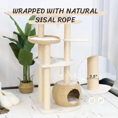Miniatura 4 de KAMABOKO Árbol Moderno para Gatos, Torre de 53 pulgadas para Gatos de Interior, Postes Rascadores de Sisal Natural, Condominio Tejido a Mano