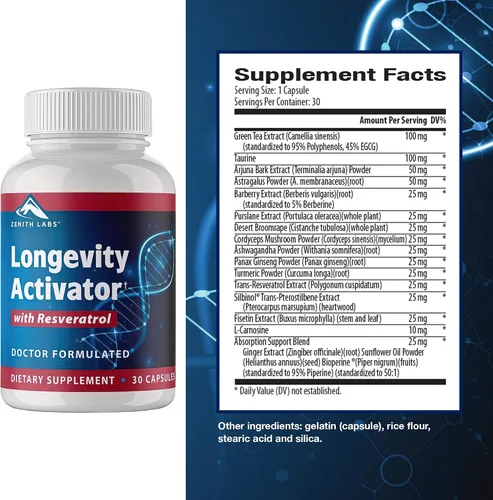 Miniatura 3 de Zenith Labs Suplemento dietético activador de la longevidad, antioxidantes naturales con resveratrol, apoya la función inmune y la memoria saludable