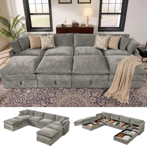 Miniatura 24 de Ihanherry Sofá cama modular de gran tamaño con almacenamiento, sofá nube modular de 6 plazas de 103 pulgadas con otomanas móviles, sofás de felpilla