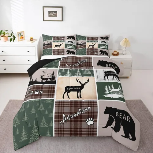 Miniatura 101 de Juego de edredón de oso y ciervo, tamaño individual, ropa de cama de animales salvajes de caza, colcha rústica de cabaña, casa de campo, cuadros