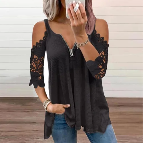 Miniatura 2 de KNFATEQVEDG Camisetas de manga corta con cuello en V y cremallera para mujer, talla grande, con hombros descubiertos, blusas de verano sexy, Negro