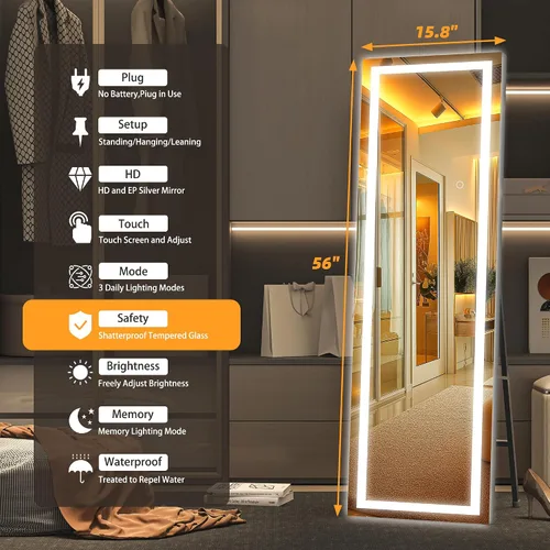 Miniatura 2 de Hasipu - Espejo de cuerpo entero con luces, 56 x 16 pulgadas, espejo de pie con led para montaje en pared para sala de estar, dormitorio y Negro