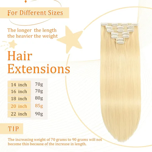 Miniatura 4 de Extensiones de cabello humano real #613 con pinzas, 24 pulgadas, 3.53 onzas, 7 unidades, extensiones Remy sin costuras, trama de piel de encaje