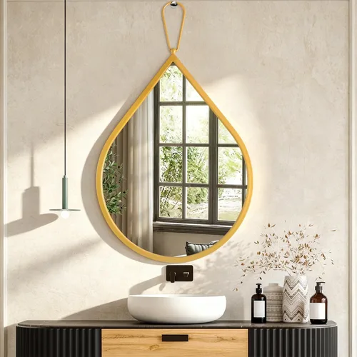 Miniatura 9 de Espejo colgante de pared de 26 x 18 pulgadas, espejos en forma de lágrima con marco de metal, espejos de pared de bronce decorativos para baño, sala