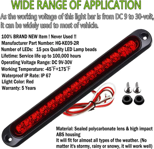 Miniatura 8 de Paquete de 2 Luces de Identificación de Remolque LED de 10", 15 LED, 9 a 30 voltios, Conjunto de Luz Trasera LED de Parada Giro Cola, Tercera Barra
