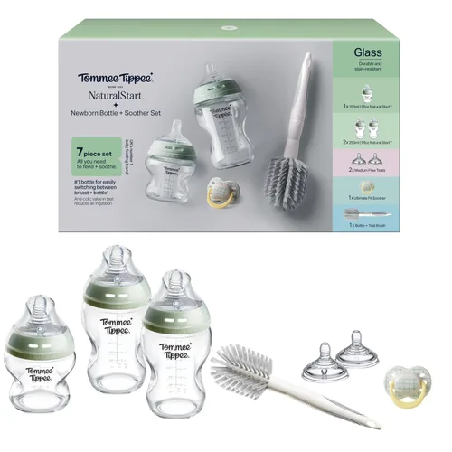 Tommee Tippee Natural Start Glass - Juego de iniciación para recién nacido, biberones anticólicos de 5.1 fl oz y 8.5 fl oz, tetinas de flujo lento y