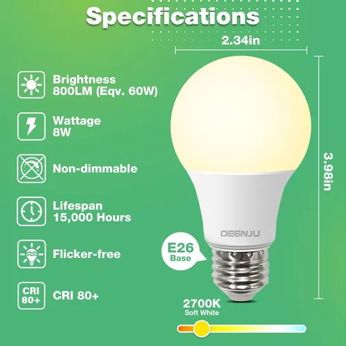 Miniatura 2 de DEGNJU Bombillas LED A19, bombillas LED equivalentes a 60 W, blanco suave 2700 K, 800 lúmenes, base estándar E26, no regulable, bombillas LED