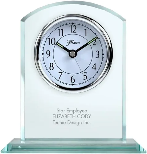 Miniatura 8 de Baudville Trofeo de reloj grabado, cristal transparente con acento azul, pieza de tiempo de inserción de plata, tres líneas personalizadas