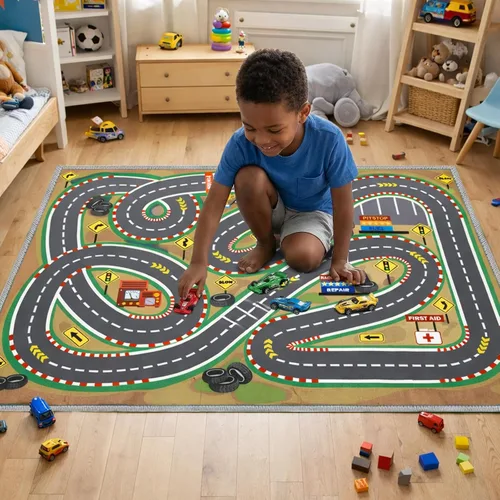 Miniatura 5 de Alfombra de juego para niños de 31 x 47 pulgadas, suave y antideslizante, alfombra de coche de mapa, alfombra para niños, autos de juguete, pista