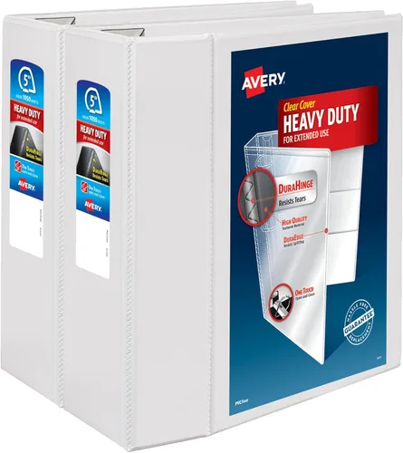Avery® Carpeta resistente con 3 anillas, anillos EZD® One Touch de 5 pulgadas, color blanco, paquete de 2 carpetas