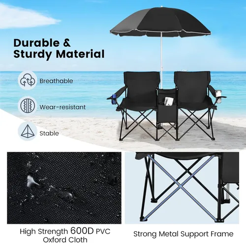 Miniatura 4 de Tangkula Sillas de campamento dobles con paraguas, silla de campamento plegable portátil de 2 asientos con bolsa enfriadora, soporte para bebidas