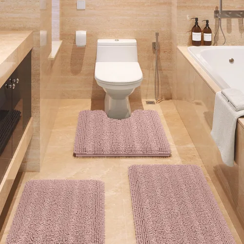 Miniatura 64 de ACCUMTEK - Juego de alfombras de baño a rayas beige de 3 piezas, ultrasuaves, antideslizantes de chenilla, alfombras de baño mullidas y absorbentes
