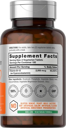 Miniatura 2 de Horbäach Vitamina B12 de 2000 mcg 200 tabletas Suplemento vegetariano Sin OMG y sin gluten