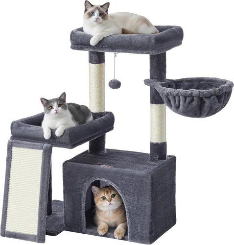 Feandrea Árbol para gatos, torre para gatos con postes rascadores y rampa, 2 perchas grandes, cueva, canasta, 33.8 pulgadas de alto, gris oscuro