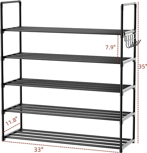 Miniatura 3 de Organizador de zapatos de metal, zapatero de 5 niveles con ganchos, se adapta a 20-25 pares, estante de zapatos ajustable para entrada, pasillo