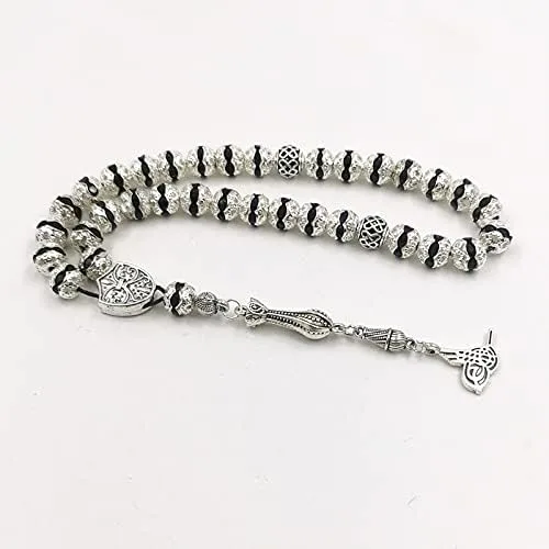 Las mujeres Tasbih metal color plata rosario cuentas incrustadas cristal negro musulmán misbaha (0.315 in x 33 cuentas)
