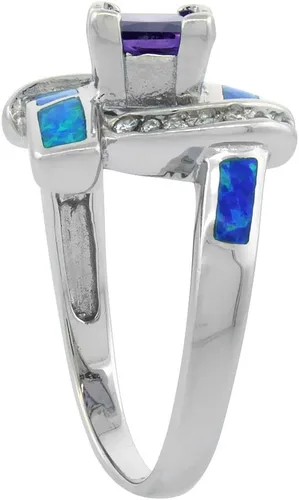 Miniatura 3 de Anillo de plata de ley sintética con ópalo azul para mujer blanco y amatista CZ de 58 pulgadas