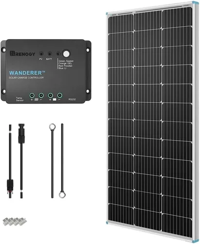 Renogy - Kit básico de panel solar de 100W 12V, panel solar monocristalino de 100 vatios, controlador de carga PWM LCD de 30A, kit de adaptadores,