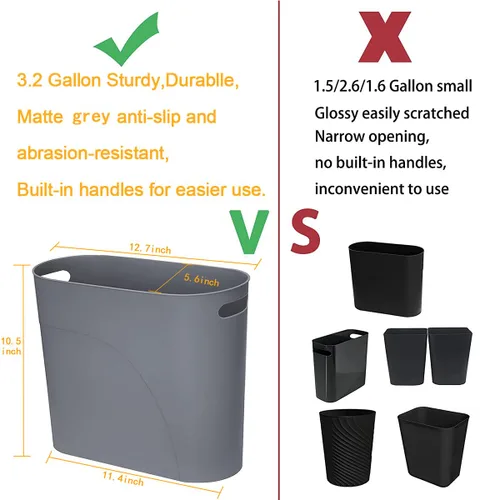 Miniatura 3 de Paquete de 2 cestas de basura delgadas de 3.2 galones/12 litros, contenedor de basura estrecho con asas, cubo de basura pequeño y estrecho para Gris