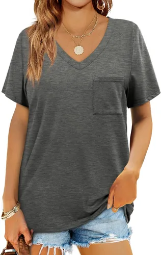Miniatura 36 de Geifa Camisetas de manga corta con cuello en V para mujer, camisetas casuales de verano con bolsillo