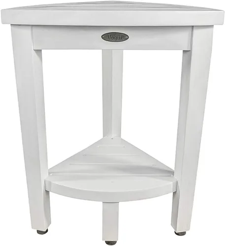 CoastalVogue Snazzy - Banco esquinero de madera de teca con estante esquinero de 15 pulgadas de ancho con acabado blanco antiguo
