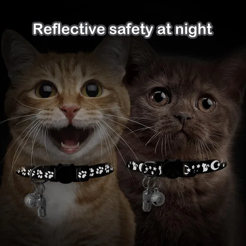 Miniatura 2 de LLHK Paquete de 2 collares de gato separables y 2 etiquetas de nombre, collar de seguridad reflectante para gatito con campana, para gatos machos