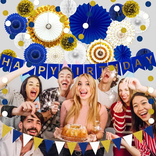 Miniatura 6 de Decoración de fiesta de feliz cumpleaños azul marino y dorado, 24 abanicos de papel colgantes, guirnalda de flores con pompones, guirnalda