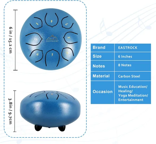 Miniatura 5 de EASTROCK Tambor de lengua de acero para niños de 6 pulgadas, 8 notas, tambor de lengua de acero, tambor de mano, llave C con bolsa de viaje, Azul