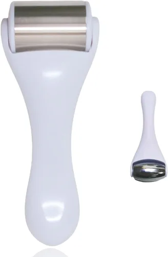 Rodillo de hielo y masajeador para cara y ojos, acero inoxidable, 2 piezas, alivio del dolor, ojeras, migraña (blanco)