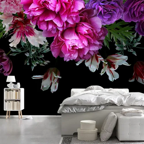 Miniatura 2 de Papel pintado floral de peonía púrpura, mural botánico de hojas tropicales y flores de rosa para dormitorio (no pelar ni pegar)