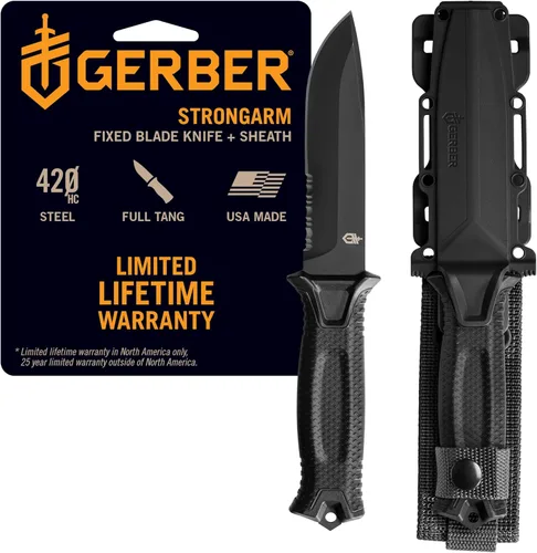 Gerber Gear StrongArm - Cuchilla fija, cuchillo de espiga completa, cuchillo de campamento con múltiples opciones de transporte, fabricado en