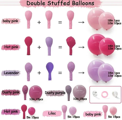 Miniatura 3 de Guirnalda de globos de color morado y rosa, globos de doble relleno de lavanda lila, globos pastel de diferentes tamaños, kit de arco de globos