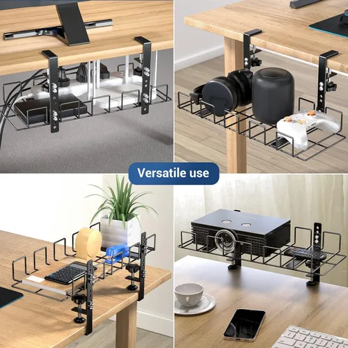 Miniatura 4 de LUXEAR Bandeja de organización de cables para debajo del escritorio, paquete de 2 unidades, sin taladro, con abrazadera en C, organizadores